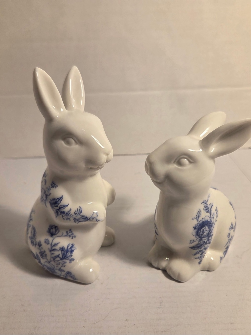 White and Blue Porcelain Bunnies Set of 2 Floral Painted 6”
